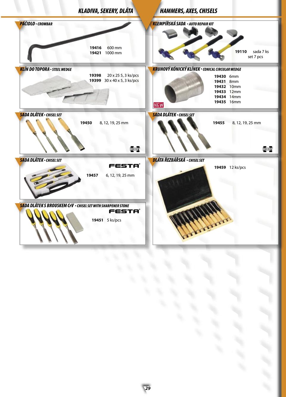 19432 10mm 19433 12mm 19434 14mm 19435 16mm SADA DLÁTEK CHISEL SET 19450 8, 12, 19, 25 mm SADA DLÁTEK CHISEL SET 19455 8, 12, 19, 25 mm SADA DLÁTEK