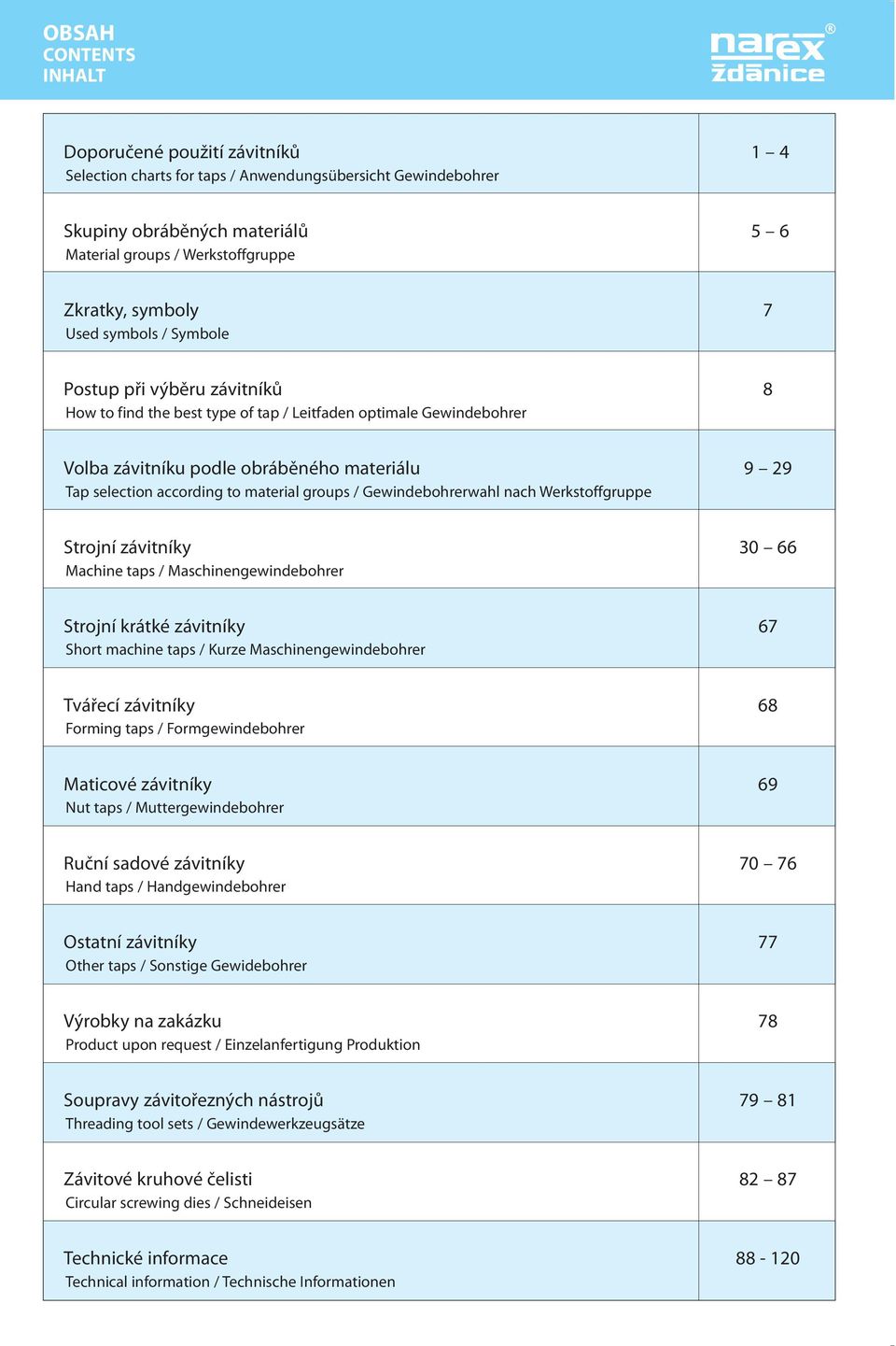 material groups / Gewindebohrerwahl nach Werkstoffgruppe Strojní závitníky 30 66 Machine taps / Maschinengewindebohrer Strojní krátké závitníky 67 Short machine taps / Kurze Maschinengewindebohrer