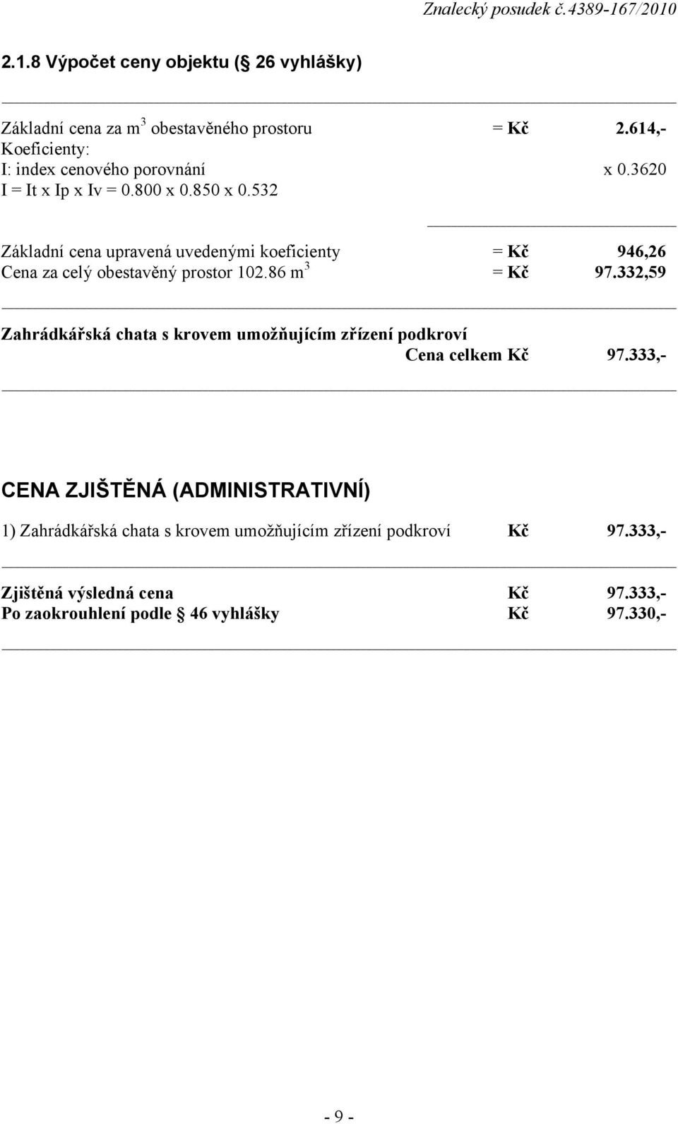 86 m 3 = Kč 97.332,59 Zahrádkářská chata s krovem umožňujícím zřízení podkroví Cena celkem Kč 97.