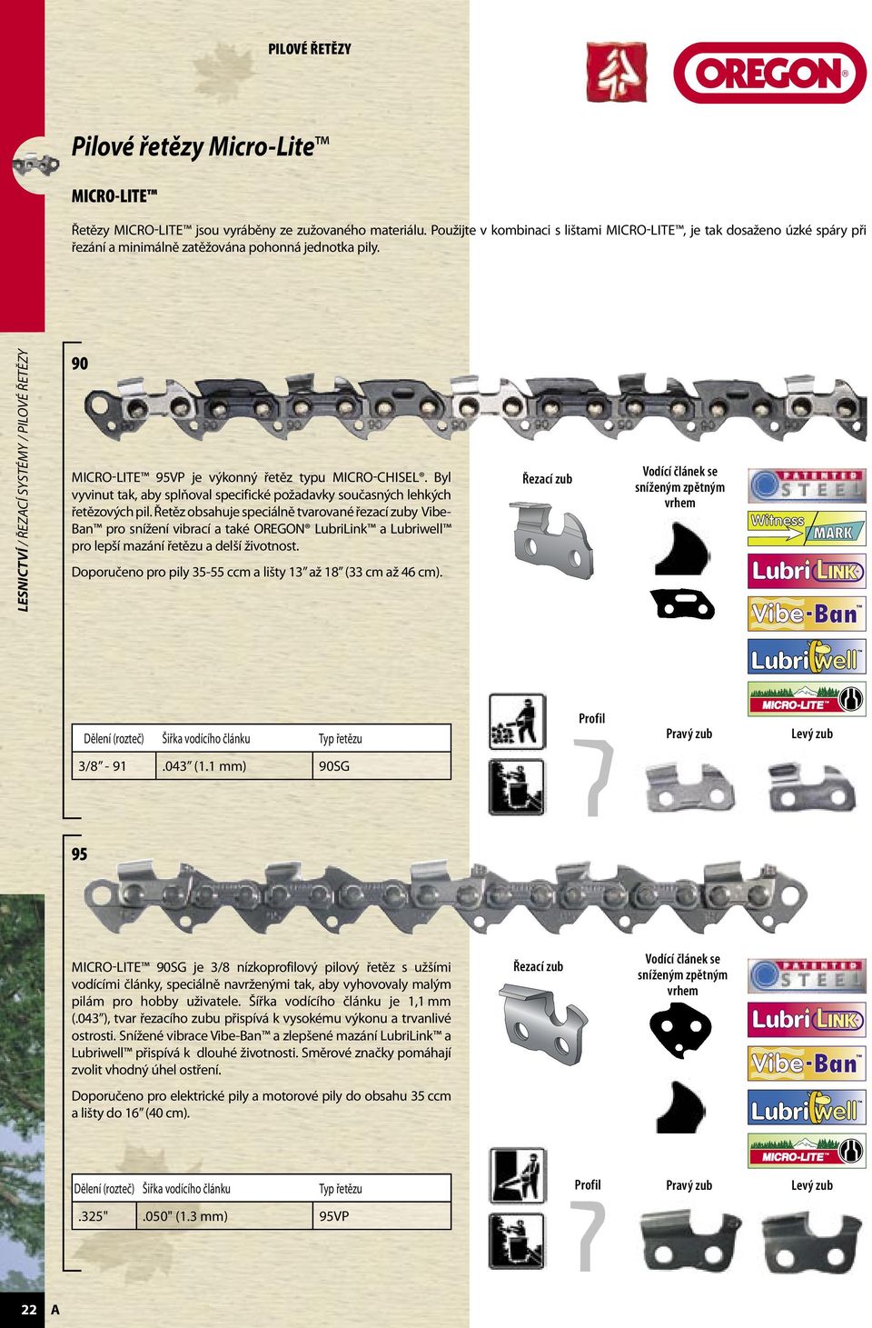 LESNICTVÍ / ŘEZCÍ SYSTÉMY / PILOVÉ ŘETĚZY 90 MICRO-LITE 95VP je výkonný řetěz typu MICRO-CHISEL. By vyvinut tak, aby spňova specifické požadavky současných ehkých řetězových pi.