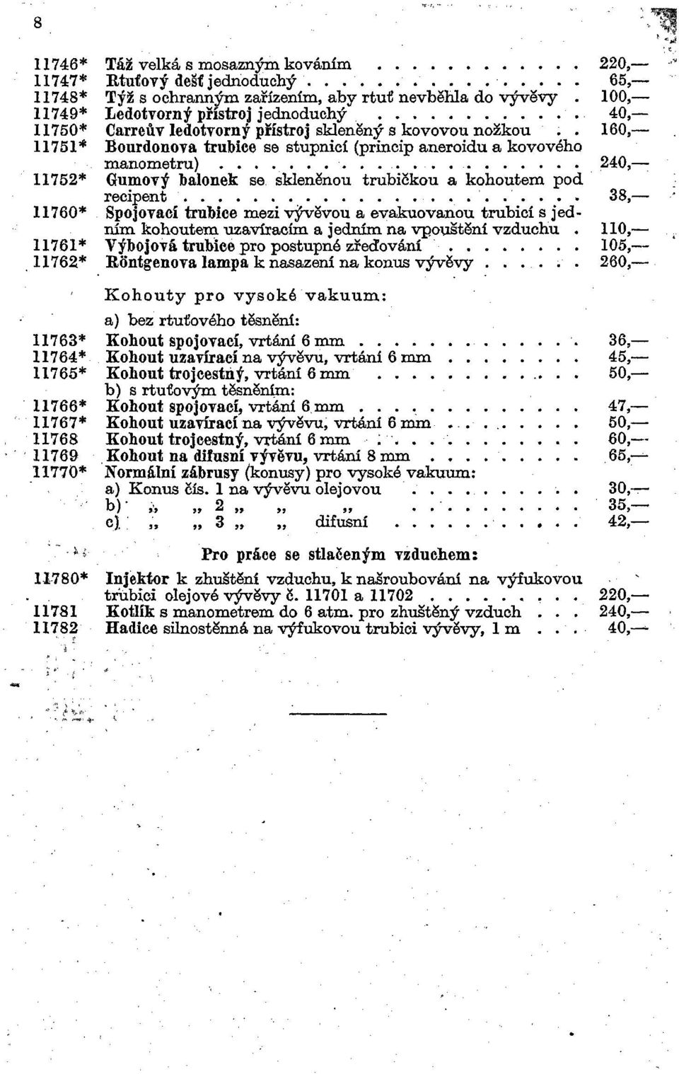 . 160,- Bourdonova trubice se stupnicí (princip aneroidu a kovového manometru) 240,- Gumový balónek se skleněnou trubičkou a kohoutem pod recipent 38,- Spojovací trubice mezi vývěvou a evakuovanou