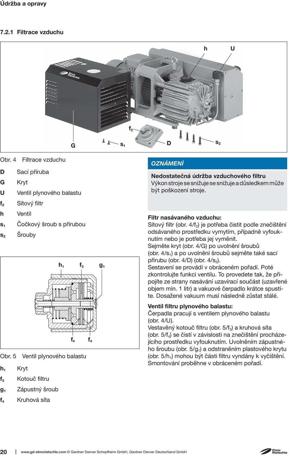 5 Ventil plynového balastu h 1 f 3 g 1 f 4 Kryt Kotouč filtru Zápustný šroub Kruhová síta OZNÁMENÍ Nedostatečná údržba vzduchového filtru Výkon stroje se snižuje se snižuje a důsledkem může být