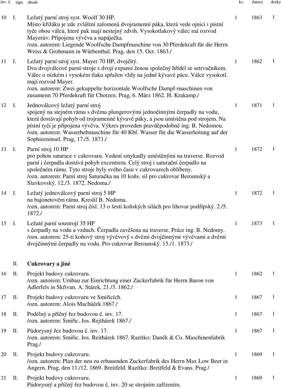 /ozn. autorem: Liegende Woolfsche Dampfmaschine von 30 Pferdekraft für die Herrn Weiss & Grohmann in Würbenthal. Prag, den 15. Oct. 1863./ 11 I. Ležatý parní stroj syst. Mayer 70 HP, dvojčitý.