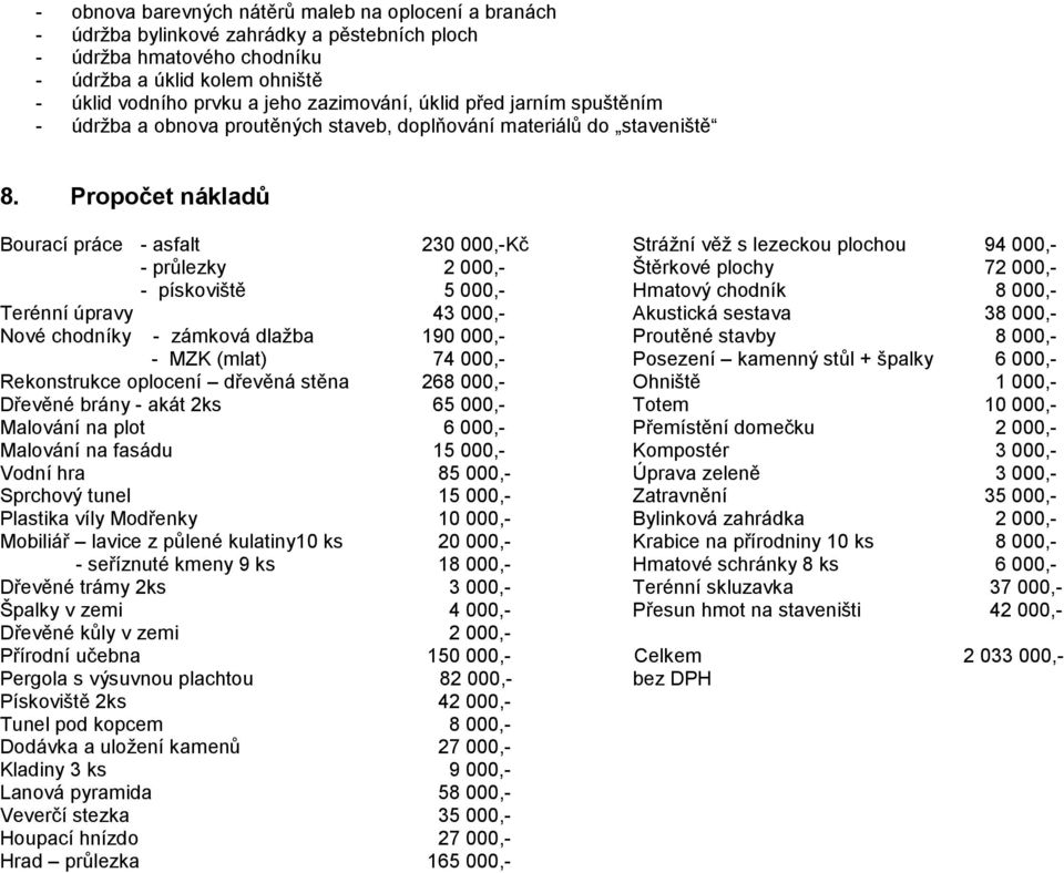 Propočet nákladů Bourací práce - asfalt 230 000,-Kč Strážní věž s lezeckou plochou 94 000,- - průlezky 2 000,- Štěrkové plochy 72 000,- - pískoviště 5 000,- Hmatový chodník 8 000,- Terénní úpravy 43