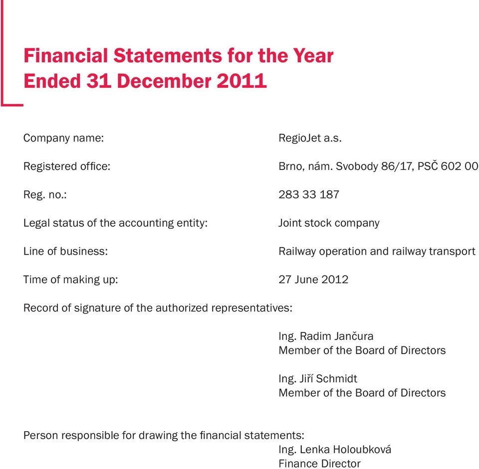 : 283 33 187 Legal status of the accounting entity: Line of business: Joint stock company Railway operation and railway transport Time of