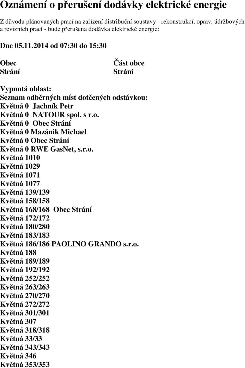 r.o. Květná 1010 Květná 1029 Květná 1071 Květná 1077 Květná 139/139 Květná 158/158 Květná 168/168 Obec Strání Květná 172/172 Květná 180/280 Květná 183/183 Květná 186/186 PAOLINO GRANDO s.r.o. Květná