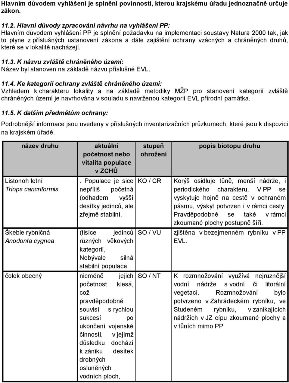 zajištění ochrany vzácných a chráněných druhů, které se v lokalitě nacházejí. 11.3. K názvu zvláště chráněného území: Název byl stanoven na základě názvu příslušné EVL. 11.4.