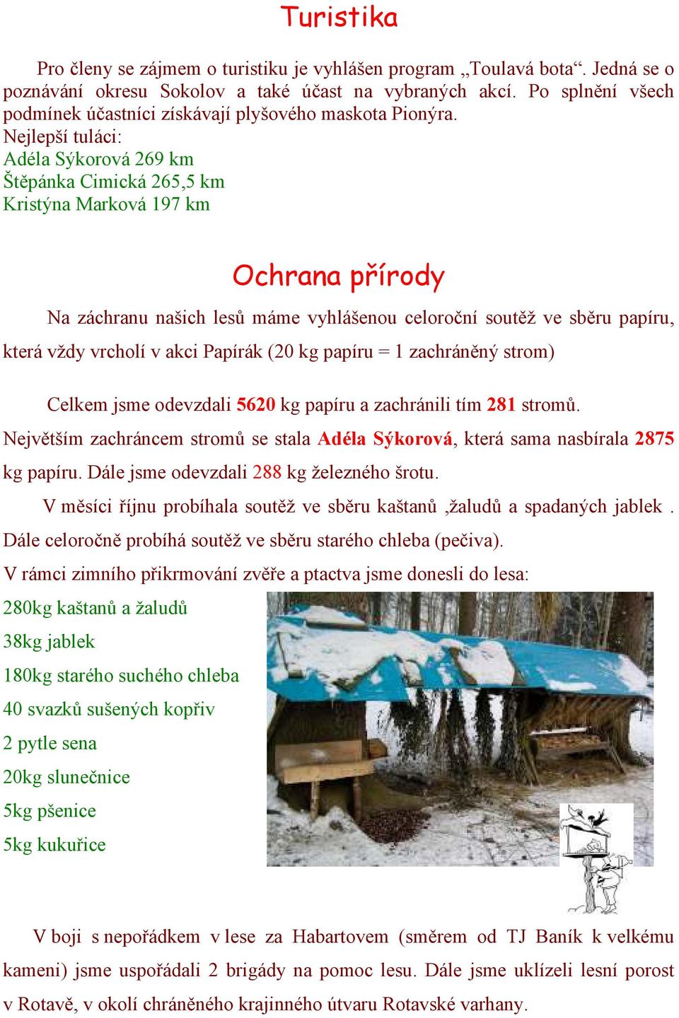 Nejlepší tuláci: Adéla Sýkorová 269 km Štěpánka Cimická 265,5 km Kristýna Marková 197 km Ochrana přírody Na záchranu našich lesů máme vyhlášenou celoroční soutěž ve sběru papíru, která vždy vrcholí v