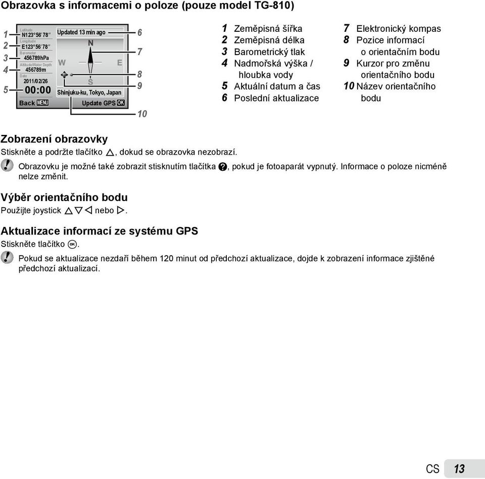 aktualizace 7 Elektronický kompas 8 Pozice informací o orientačním bodu 9 Kurzor pro změnu orientačního bodu 10 Název orientačního bodu Zobrazení obrazovky Stiskněte a podržte tlačítko F, dokud se