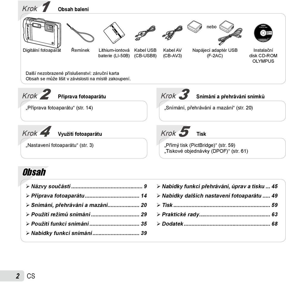 14) Krok 3 Snímání a přehrávání snímků Snímání, přehrávání a mazání (str. 20) Krok 4 Využití fotoaparátu Nastavení fotoaparátu (str. 3) Krok 5 Tisk Přímý tisk (PictBridge) (str.