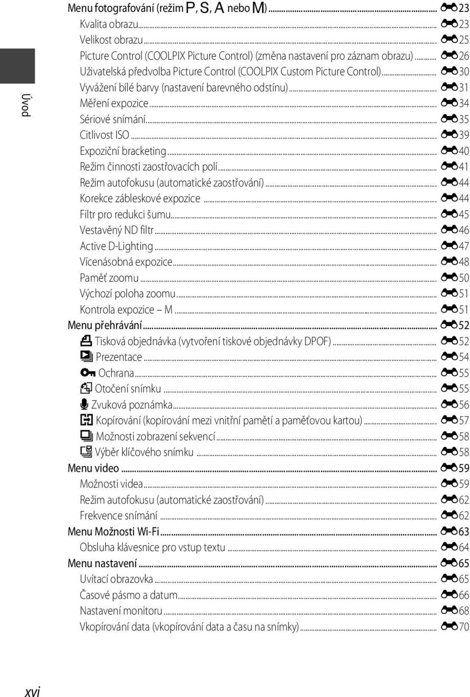.. E39 Expoziční bracketing... E40 Režim činnosti zaostřovacích polí... E41 Režim autofokusu (automatické zaostřování)... E44 Korekce zábleskové expozice... E44 Filtr pro redukci šumu.