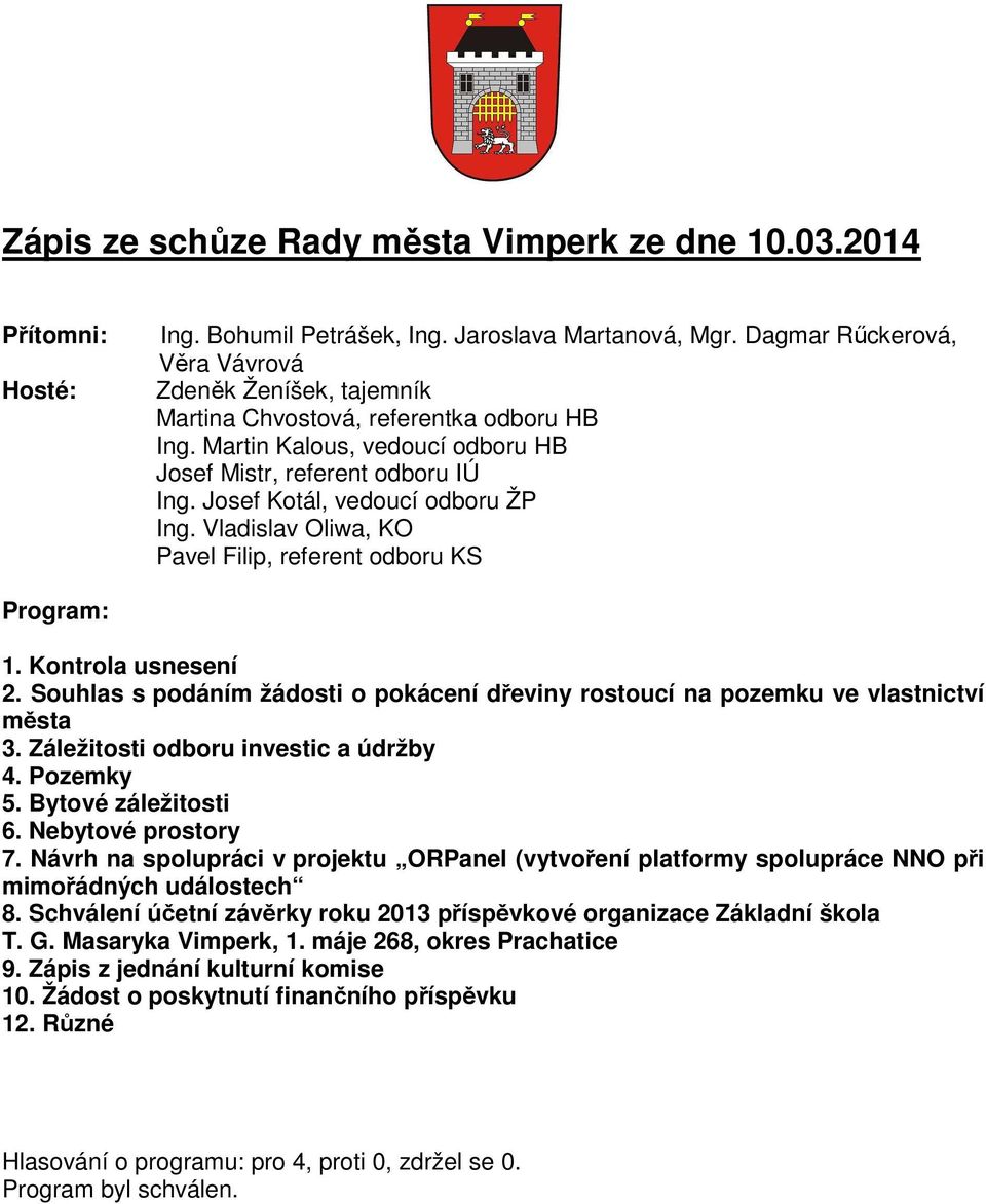 Josef Kotál, vedoucí odboru ŽP Ing. Vladislav Oliwa, KO Pavel Filip, referent odboru KS Program: 1. Kontrola usnesení 2.