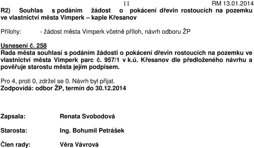 258 Rada města souhlasí s podáním žádosti o pokácení dřevin rostoucích na pozemku ve vlastnictví města Vimperk parc č.