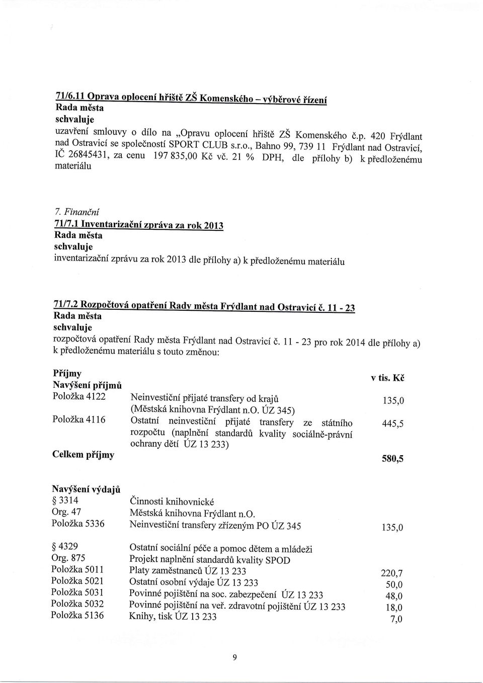 1-23 pro rok 2014 dlepiilohy a) k piedlozen6mu materi6lu s touto zm6nou: Piijmy Navy5eni piijmfi PoloLka4122 PoloLka4116 Celkem piijmy Neinvestidn i piij at6 transfery od kraj ri (Mdstsk6 knihovna