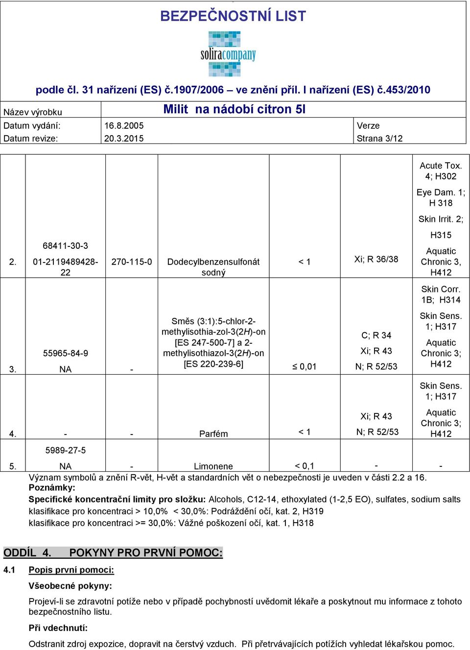 55965-84-9 NA - Směs (3:1):5-chlor-2- methylisothia-zol-3(2h)-on [ES 247-500-7] a 2- methylisothiazol-3(2h)-on [ES 220-239-6] 0,01 C; R 34 Xi; R 43 N; R 52/53 Skin Sens.