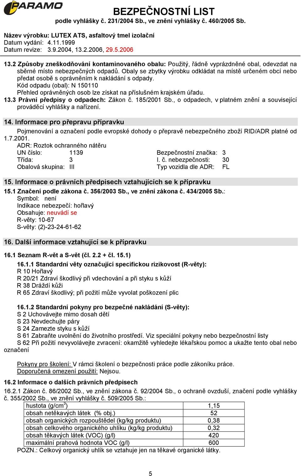 Kód odpadu (obal): N 150110 Přehled oprávněných osob lze získat na příslušném krajském úřadu. 13.3 Právní předpisy o odpadech: Zákon č. 185/2001 Sb.