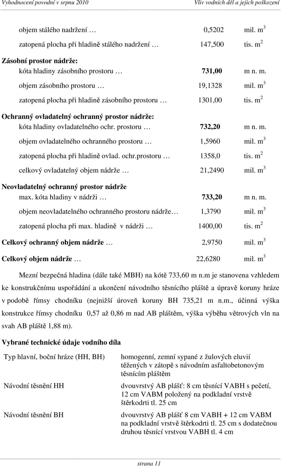 m 3 zatopená plocha při hladině ovlad. ochr.prostoru 1358,0 tis. m 2 celkový ovladatelný objem nádrže 21,2490 mil. m 3 Neovladatelný ochranný prostor nádrže max. kóta hladiny v nádrži 733,20 m n. m. objem neovladatelného ochranného prostoru nádrže 1,3790 mil.