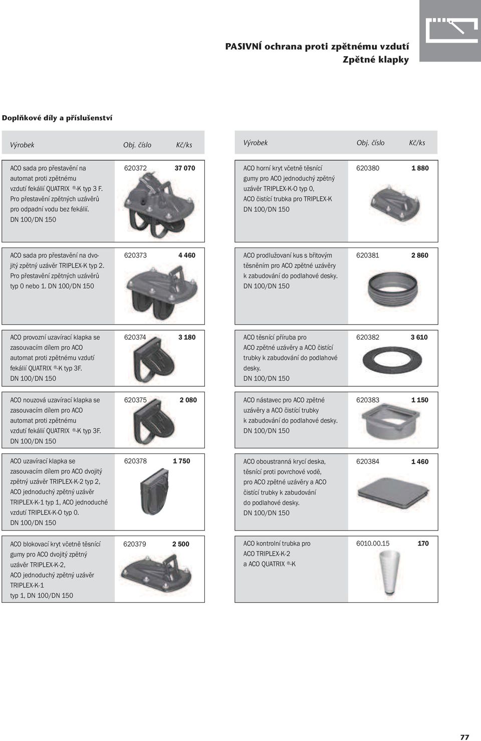 DN 100/DN 150 620372 37 070 ACO horní kryt včetně těsnící gumy pro ACO jednoduchý zpětný uzávěr TRIPLEX-K-O typ 0, ACO čistící trubka pro TRIPLEX-K DN 100/DN 150 620380 1 880 ACO sada pro přestavění