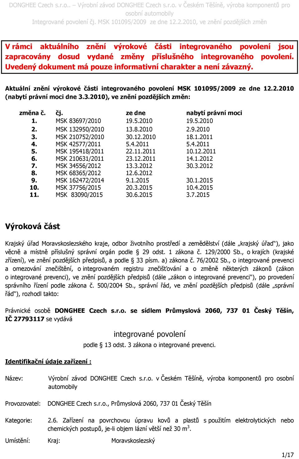 MSK 83697/2010 19.5.2010 19.5.2010 2. MSK 132950/2010 13.8.2010 2.9.2010 3. MSK 210752/2010 30.12.2010 18.1.2011 4. MSK 42577/2011 5.4.2011 5.4.2011 5. MSK 195418/2011 22.11.2011 10.12.2011 6.