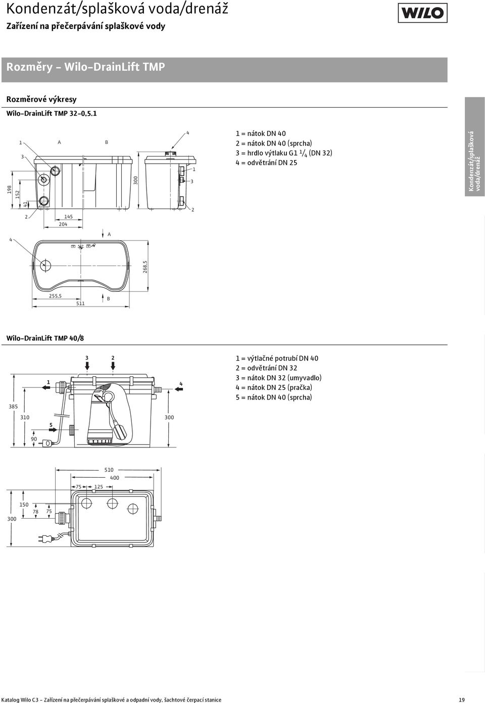 2 4 A 255,5 511 B 268,5 Wilo-DrainLift TMP 40/8 3 2 1 385 310 300 5 4 1 = výtlačné potrubí DN 40 2 = odvětrání DN 32 3 = nátok DN 32 (umyvadlo) 4 = nátok DN 25 (pračka)