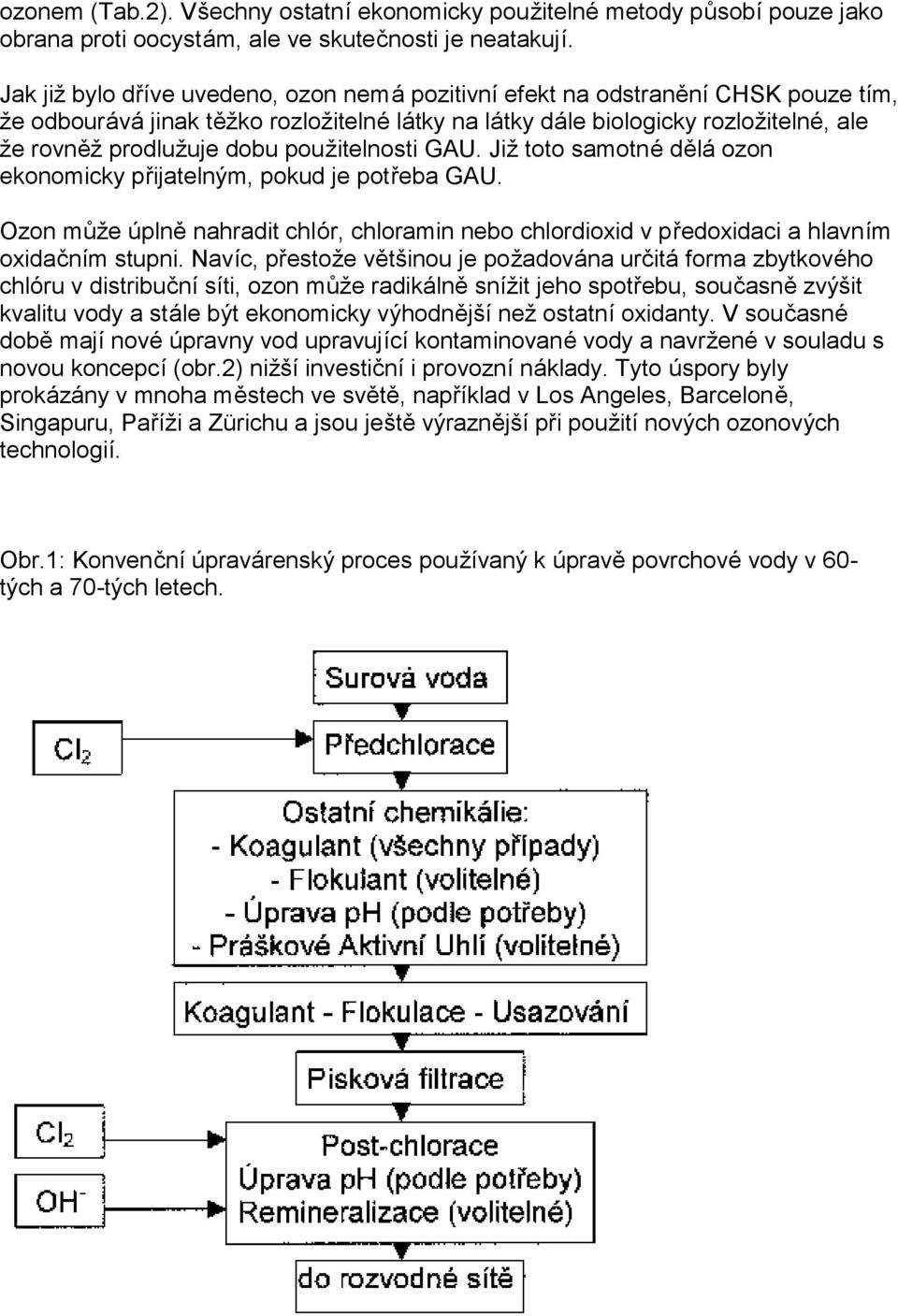 použitelnosti GAU. Již toto samotné dě lá ozon ekonomicky přijatelný m, pokud je potřeba GAU. Ozon může úplně nahradit chlór, chloramin nebo chlordioxid v předoxidaci a hlavním oxidač ním stupni.