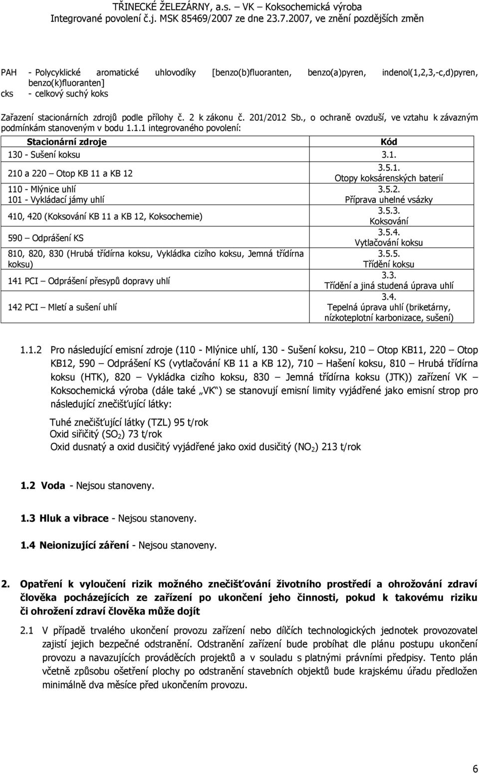 2012 Sb., o ochraně ovzduší, ve vztahu k závazným podmínkám stanoveným v bodu 1.1.1 integrovaného povolení: Stacionární zdroje 130 - Sušení koksu 3.1. 210 a 220 Otop KB 11 a KB 12 110 - Mlýnice uhlí