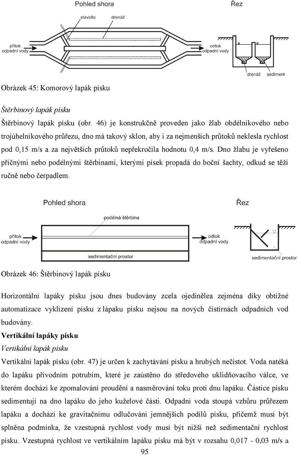 hodnotu 0,4 m/s. Dno žlabu je vyřešeno příčnými nebo podélnými štěrbinami, kterými písek propadá do boční šachty, odkud se těží ručně nebo čerpadlem.