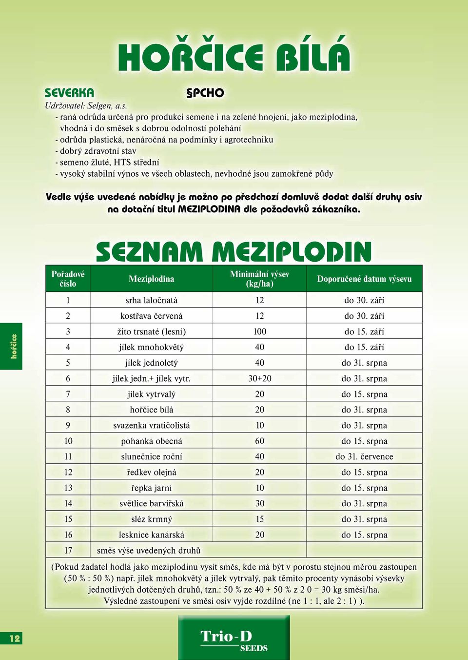 zdravotní stav - semeno žluté, HTS střední - vysoký stabilní výnos ve všech oblastech, nevhodné jsou zamokřené půdy Vedle výše uvedené nabídky je možno po předchozí domluvě dodat další druhy osiv na