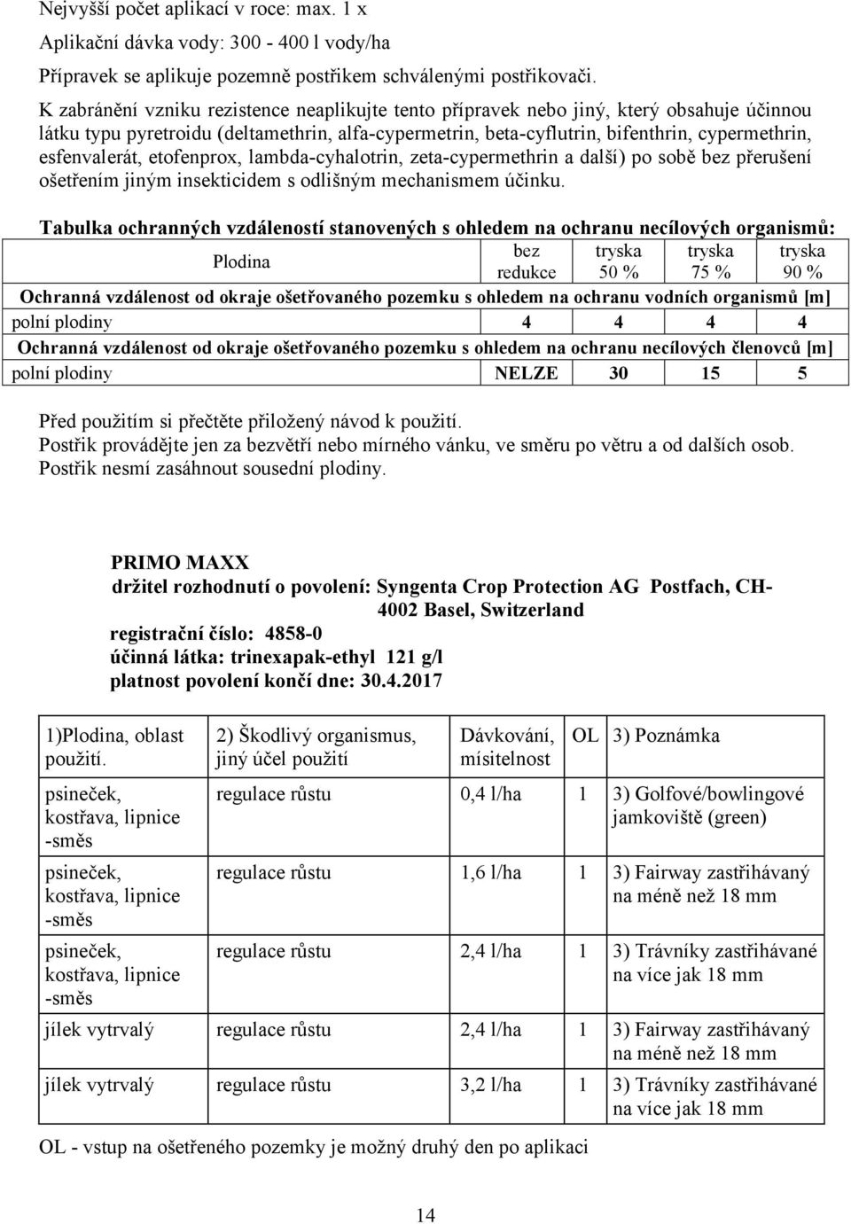 esfenvalerát, etofenprox, lambda-cyhalotrin, zeta-cypermethrin a další) po sobě bez přerušení ošetřením jiným insekticidem s odlišným mechanismem účinku.