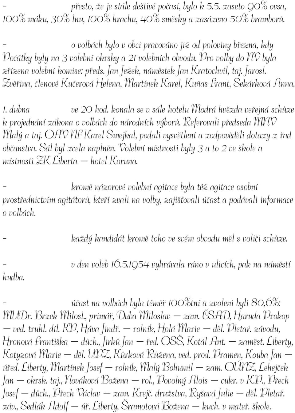 Jan Ježek, náměstek Jan Kratochvíl, taj. Jarosl. Zvěřina, členové Kučerová Helena, Martínek Karel, Kuňas Frant, Sekárková Anna. 1. dubna ve 20 hod.