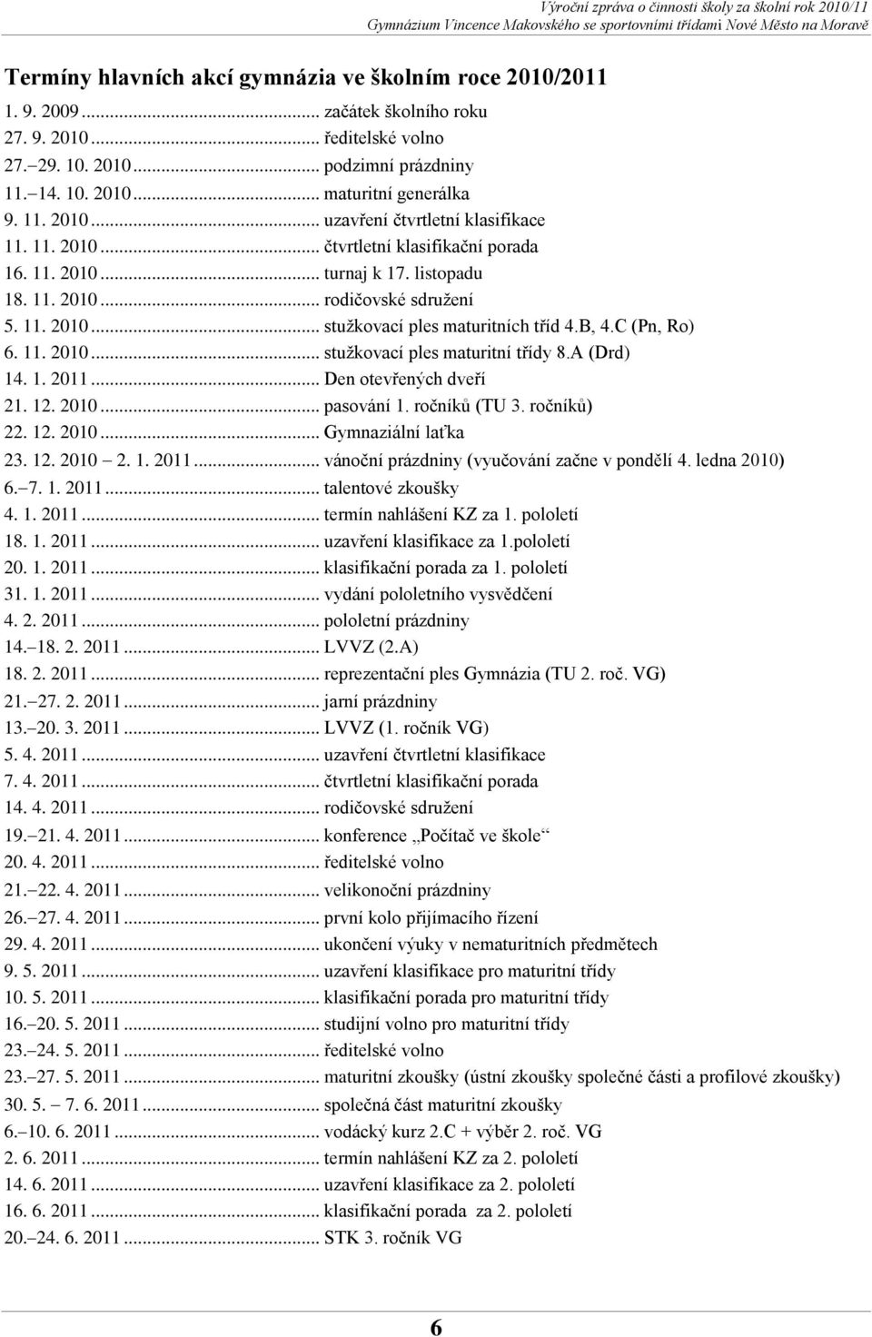 B, 4.C (Pn, Ro) 6. 11. 2010... stužkovací ples maturitní třídy 8.A (Drd) 14. 1. 2011... Den otevřených dveří 21. 12. 2010... pasování 1. ročníků (TU 3. ročníků) 22. 12. 2010... Gymnaziální laťka 23.