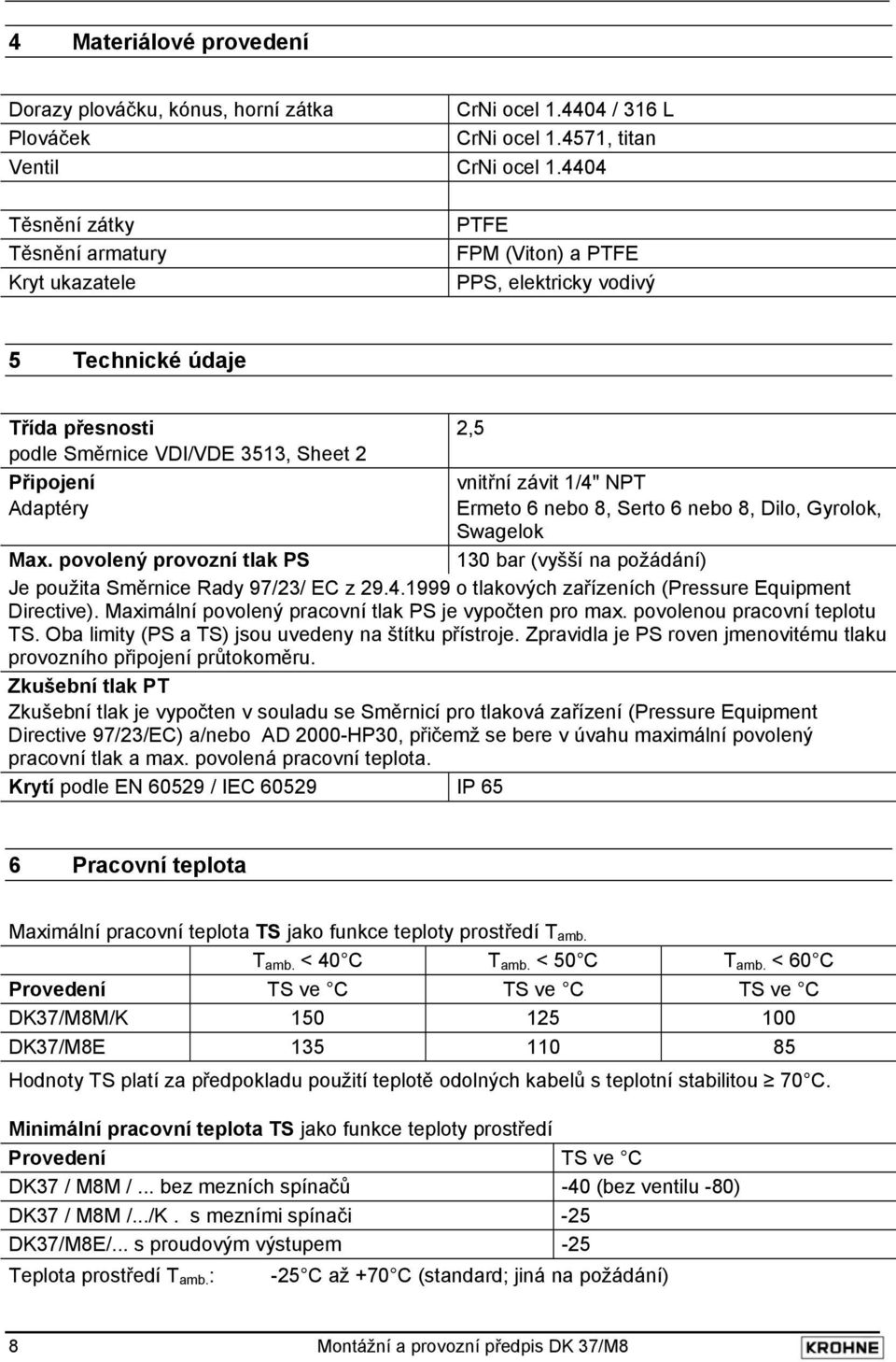 závit 1/4" NPT Ermeto 6 nebo 8, Serto 6 nebo 8, Dilo, Gyrolok, Swagelok 130 bar (vyšší na požádání) Max. povolený provozní tlak PS Je použita Směrnice Rady 97/23/ EC z 29.4.1999 o tlakových zařízeních (Pressure Equipment Directive).