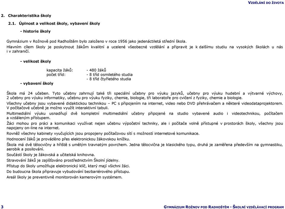 - velikost školy - vybavení školy kapacita žáků: počet tříd: - 480 žáků - 8 tříd osmiletého studia - 8 tříd čtyřletého studia Škola má 24 učeben.