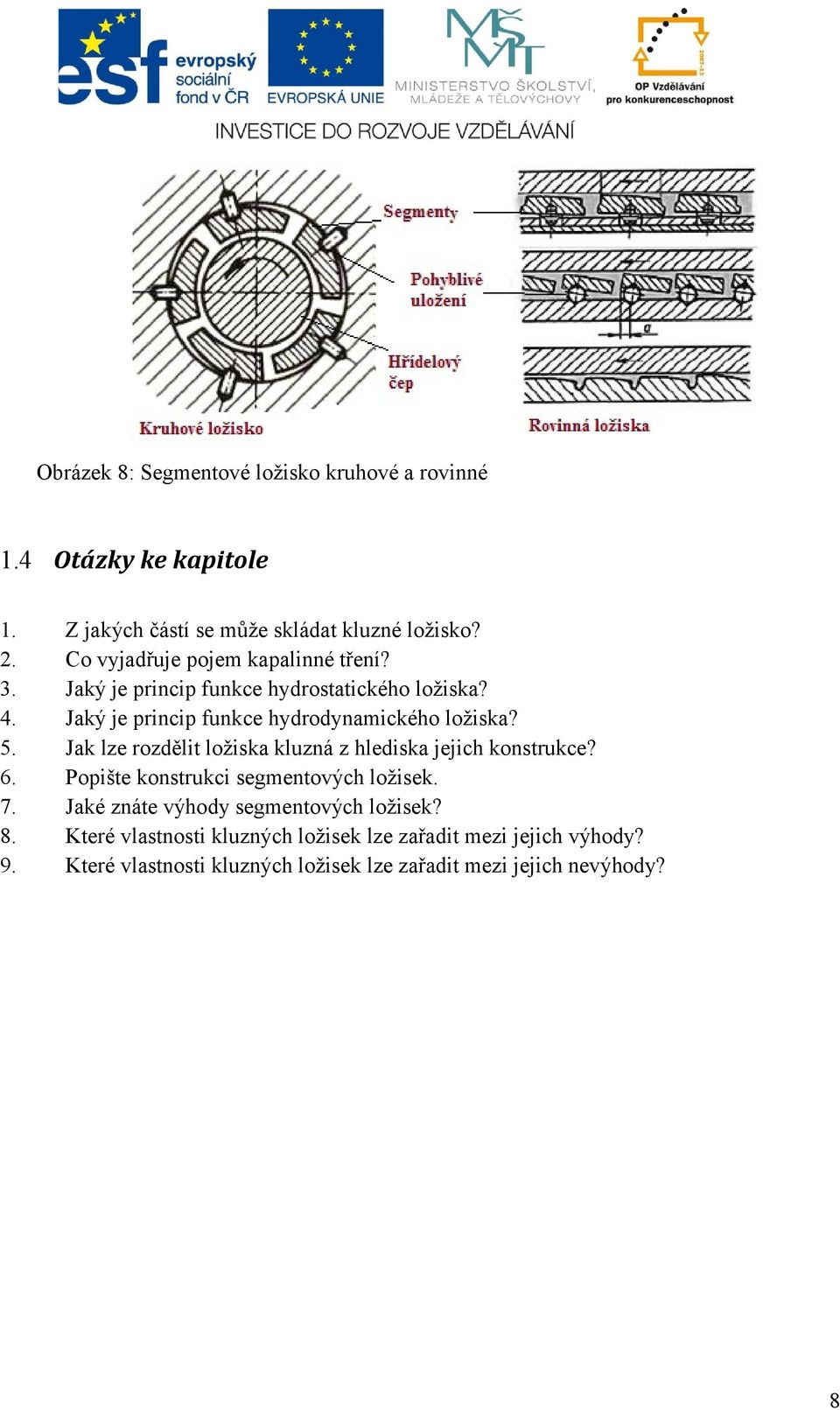 5. Jak lze rozdělit ložiska kluzná z hlediska jejich konstrukce? 6. Popište konstrukci segmentových ložisek. 7.