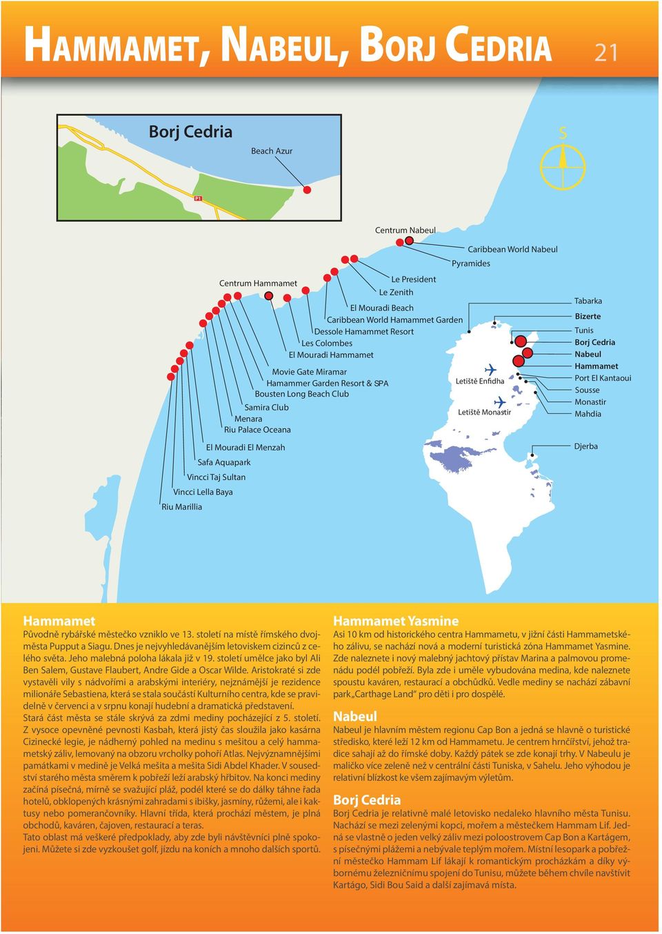 Le Zenith Caribbean World Nabeul Pyramides Letiště Enfidha Letiště Monastir Tabarka Bizerte Tunis Borj Cedria Nabeul Hammamet Port El Kantaoui Sousse Monastir Mahdia Djerba Hammamet Původně rybářské