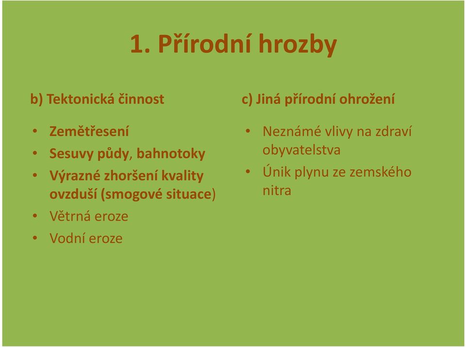 situace) Větrná eroze Vodní eroze c) Jiná přírodní ohrožení