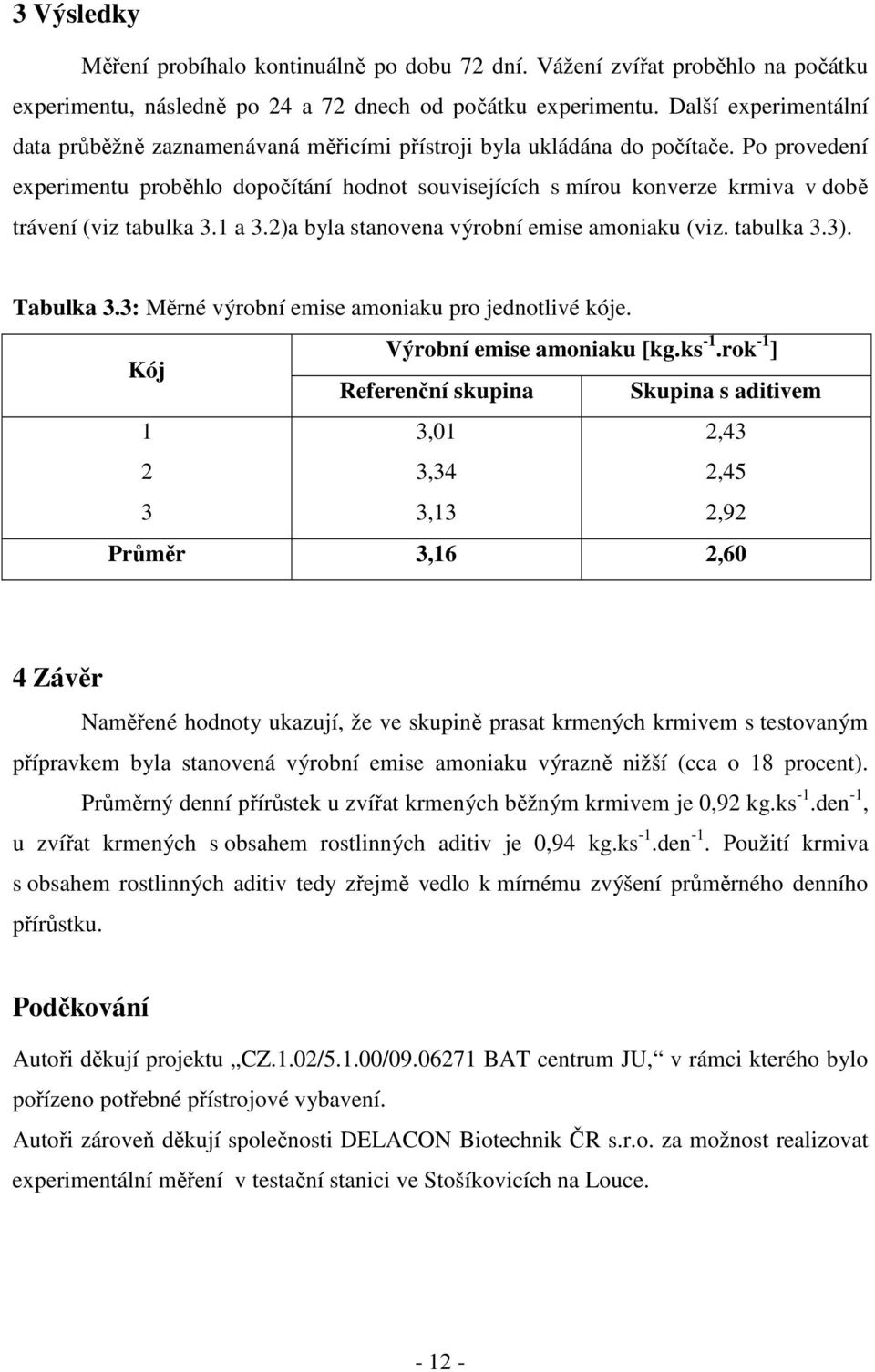 Po provedení experimentu proběhlo dopočítání hodnot souvisejících s mírou konverze krmiva v době trávení (viz tabulka 3.1 a 3.2)a byla stanovena výrobní emise amoniaku (viz. tabulka 3.3). Tabulka 3.