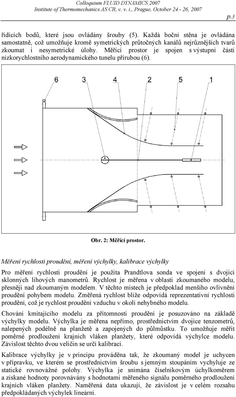 Měřící prostor je spojen s výstupní částí nízkorychlostního aerodynamického tunelu přírubou (6). Obr. 2: Měřící prostor.