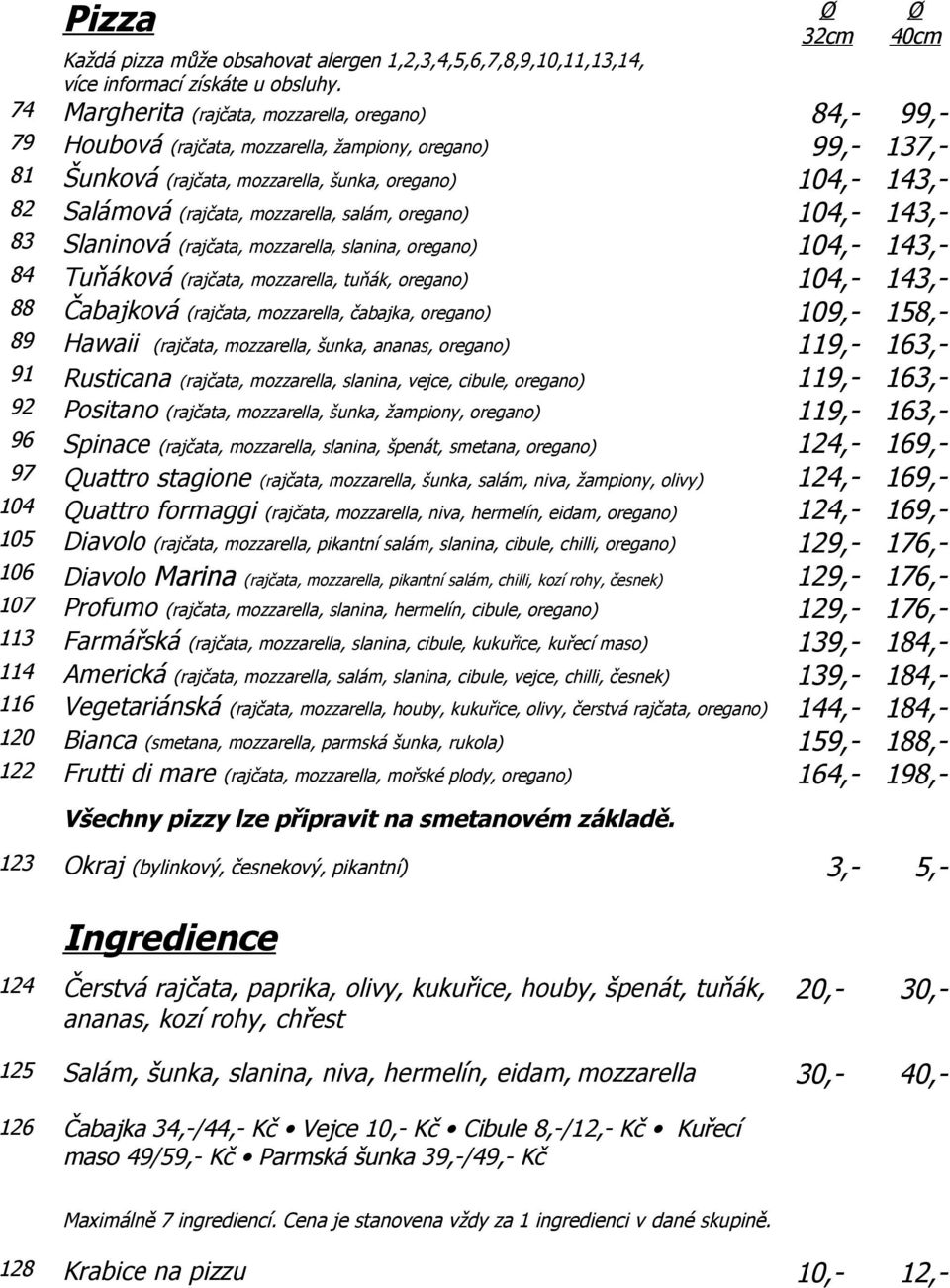 (rajčata, mozzarella, salám, oregano) 104,- 143,- 83 Slaninová (rajčata, mozzarella, slanina, oregano) 104,- 143,- 84 Tuňáková (rajčata, mozzarella, tuňák, oregano) 104,- 143,- 88 Čabajková (rajčata,