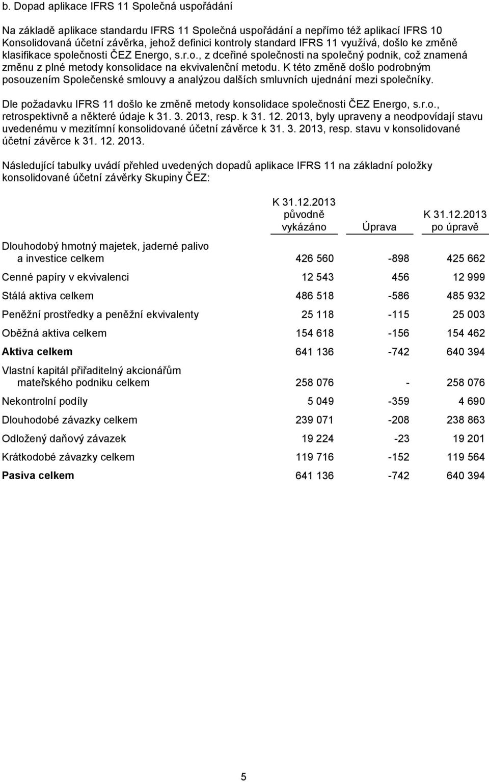 K této změně došlo podrobným posouzením Společenské smlouvy a analýzou dalších smluvních ujednání mezi společníky. Dle požadavku IFRS 11 došlo ke změně metody konsolidace společnosti ČEZ Energo, s.r.o., retrospektivně a některé údaje k 31.