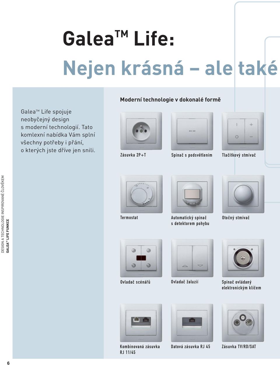 Zásuvka 2P+T Spínač s podsvětlením Tlačítkový stmívač DESIGN A TECHNOLOGIE INSPIROVANÉ âlověkem GALEA TM LIFE FUNKCE Termostat