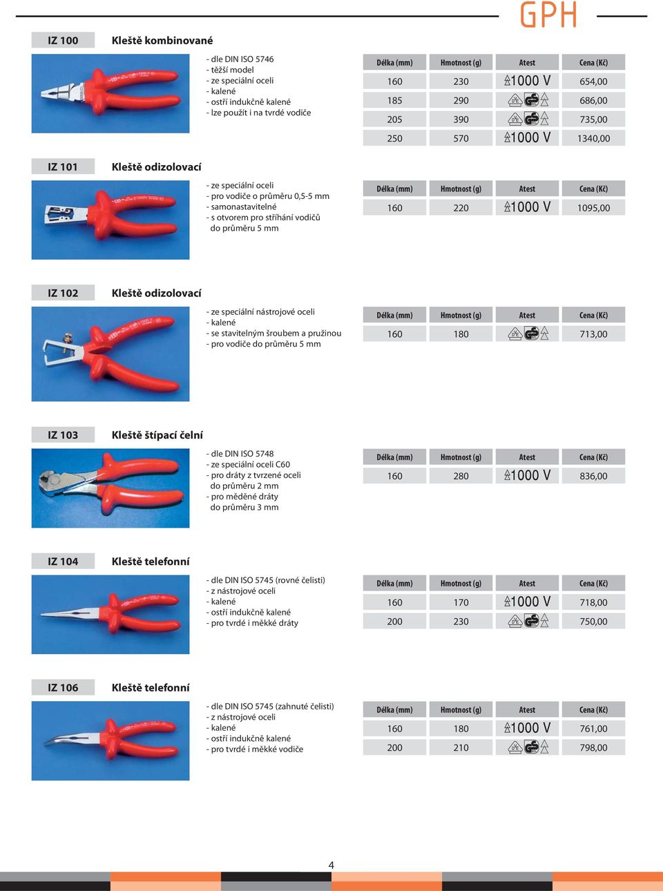 ze speciální nástrojové oceli - kalené - se stavitelným šroubem a pružinou - pro vodiče do průměru 5 mm 160 180 713,00 IZ 103 Kleště štípací čelní - dle DIN ISO 5748 - ze speciální oceli C60 - pro