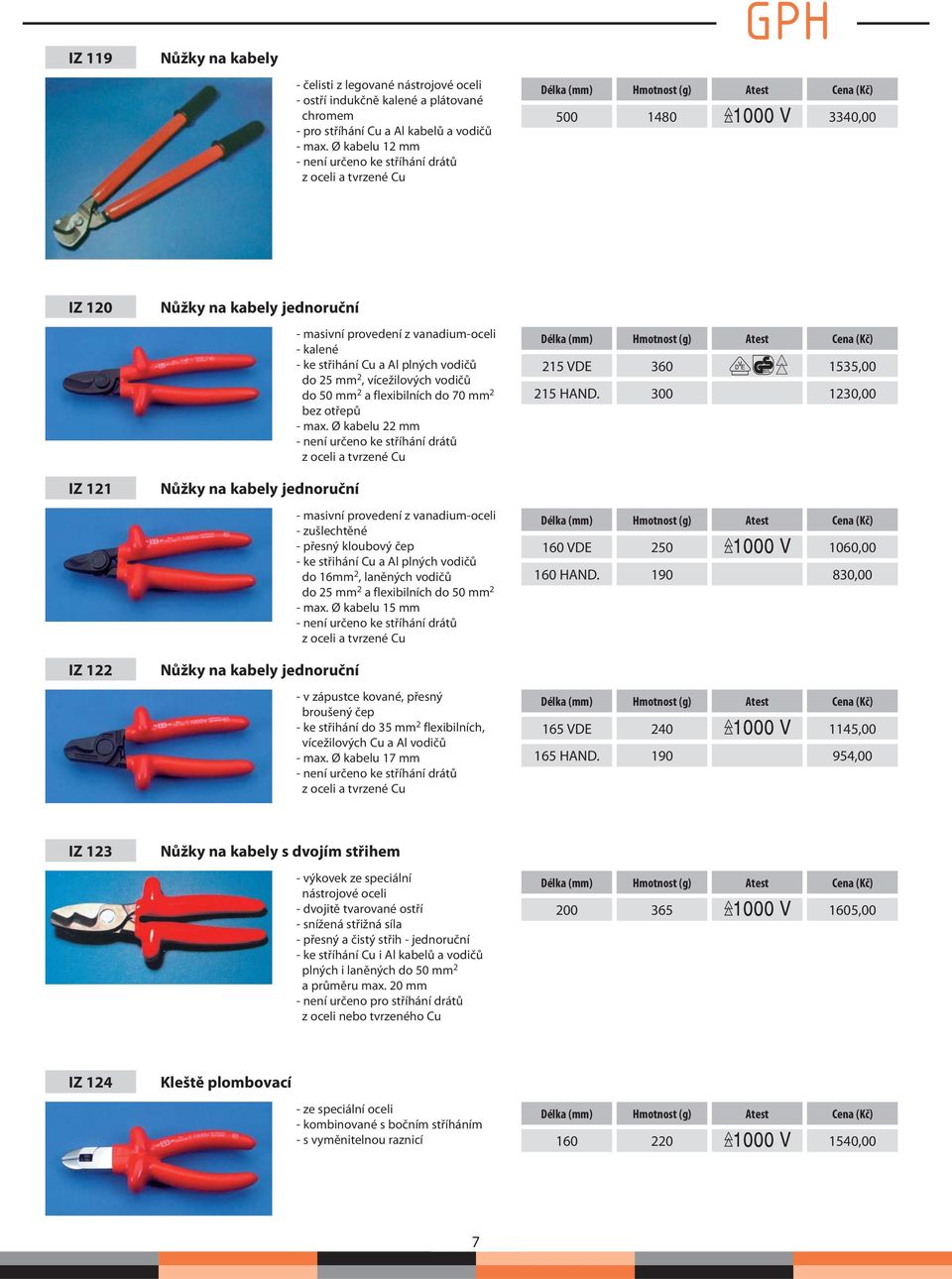 provedení z vanadium-oceli - kalené - ke střihání Cu a Al plných vodičů do 25 mm 2, vícežilových vodičů do 50 mm 2 a flexibilních do 70 mm 2 bez otřepů - max.