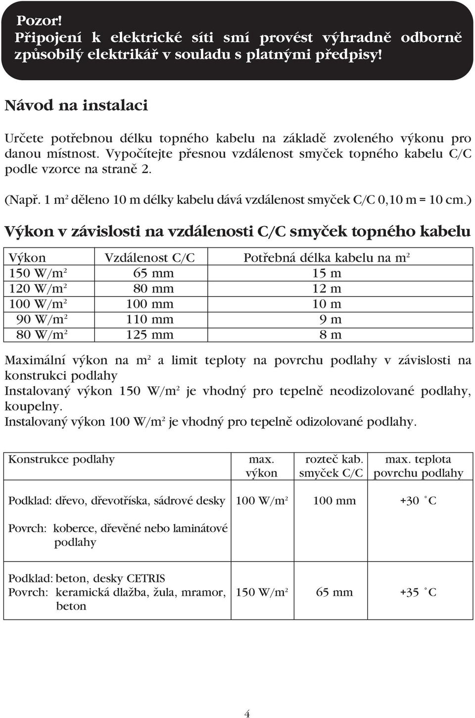 1 m 2 děleno 10 m délky kabelu dává vzdálenost smyček C/C 0,10 m = 10 cm.