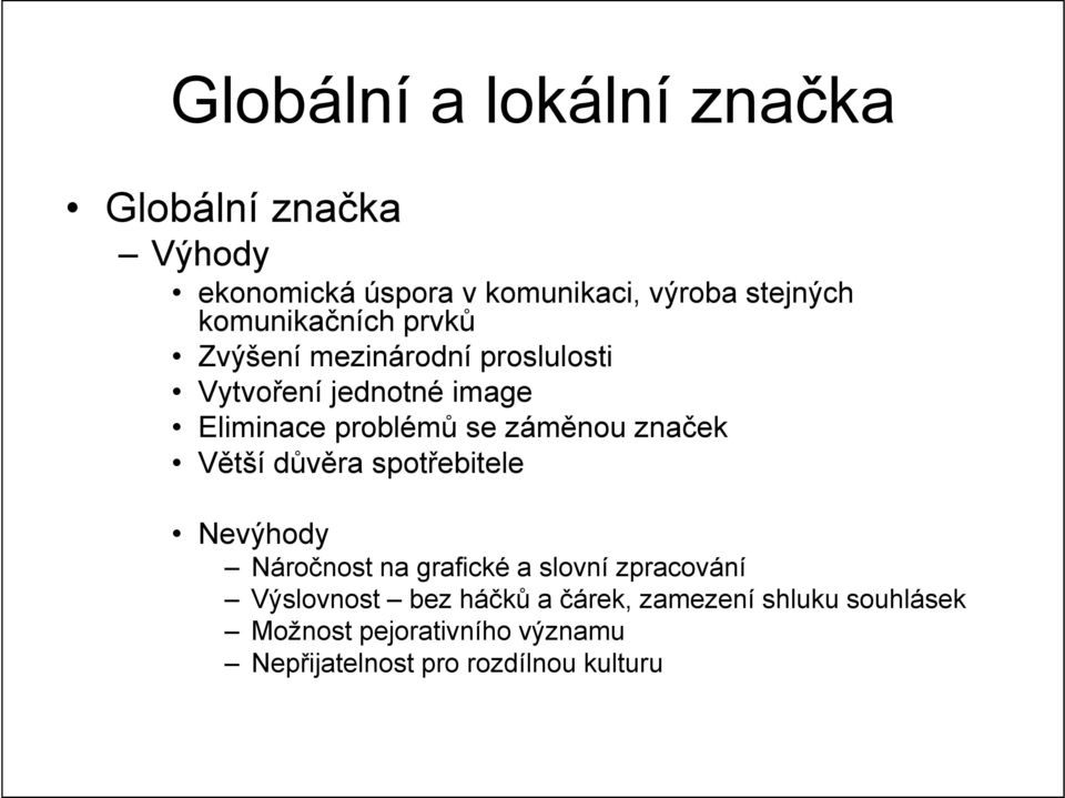 záměnou značek Větší důvěra spotřebitele Nevýhody Náročnost na grafické a slovní zpracování Výslovnost