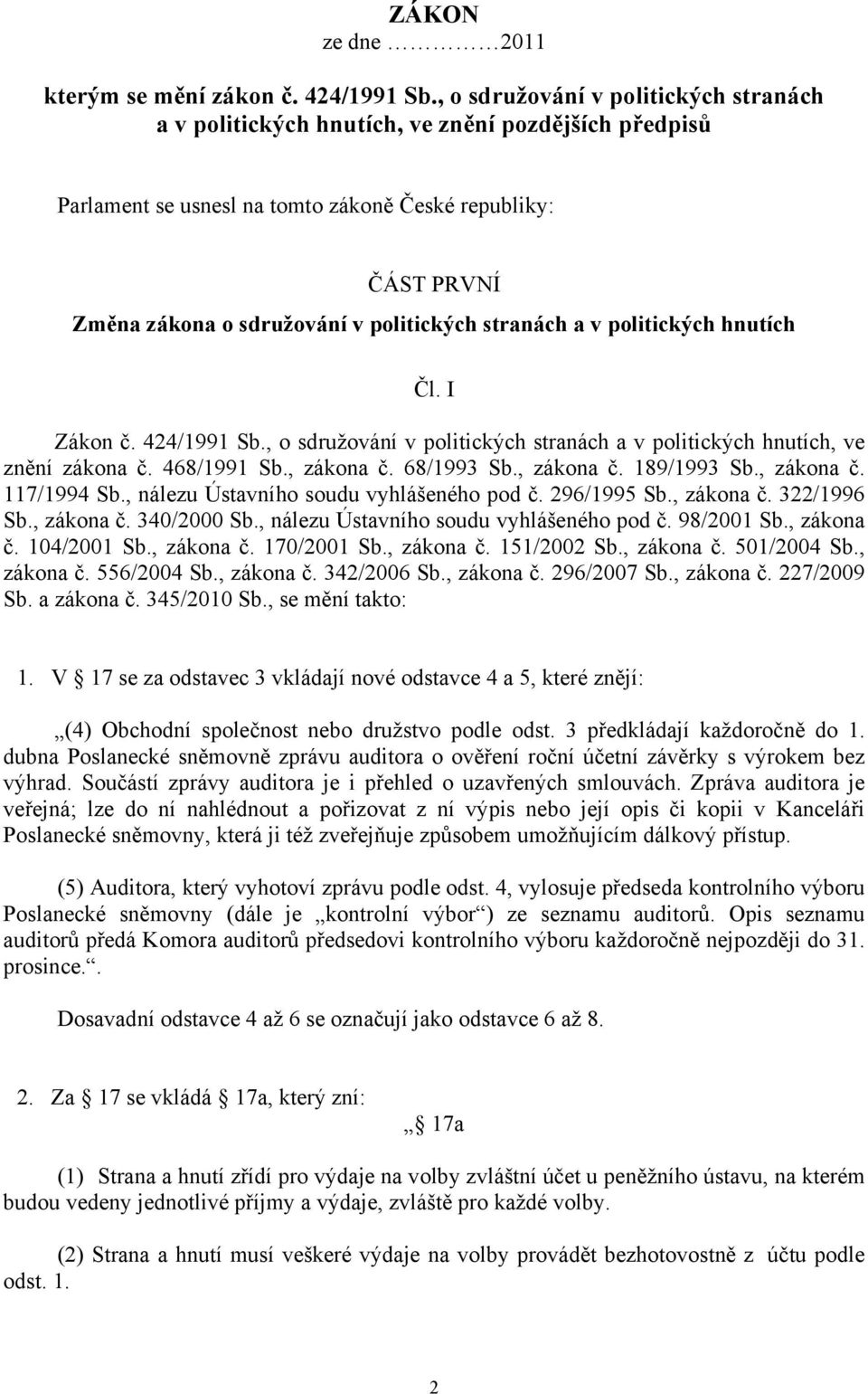 stranách a v politických hnutích Čl. I Zákon č. 424/1991 Sb., o sdružování v politických stranách a v politických hnutích, ve znění zákona č. 468/1991 Sb., zákona č. 68/1993 Sb., zákona č. 189/1993 Sb.