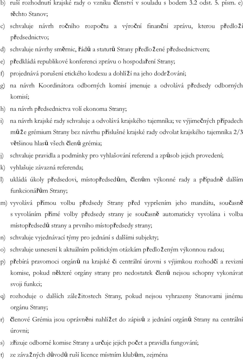 předkládá republikové konferenci zprávu o hospodaření Strany; f) projednává porušení etického kodexu a dohlíží na jeho dodržování; g) na návrh Koordinátora odborných komisí jmenuje a odvolává