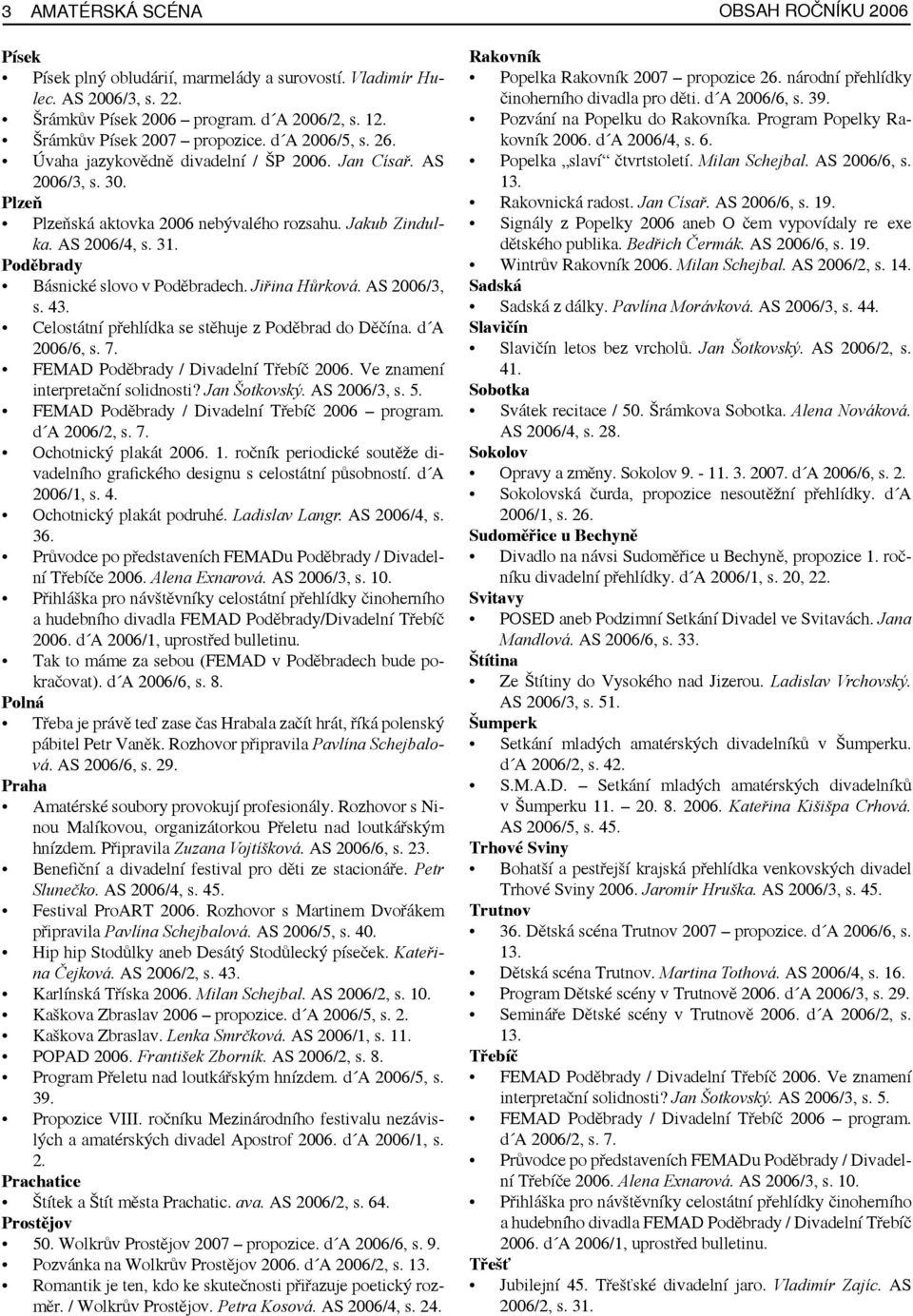 Jiřina Hůrková. AS 2006/3, s. 43. Celostátní přehlídka se stěhuje z Poděbrad do Děčína. d A 2006/6, s. 7. FEMAD Poděbrady / Divadelní Třebíč 2006. Ve znamení interpretační solidnosti? Jan Šotkovský.