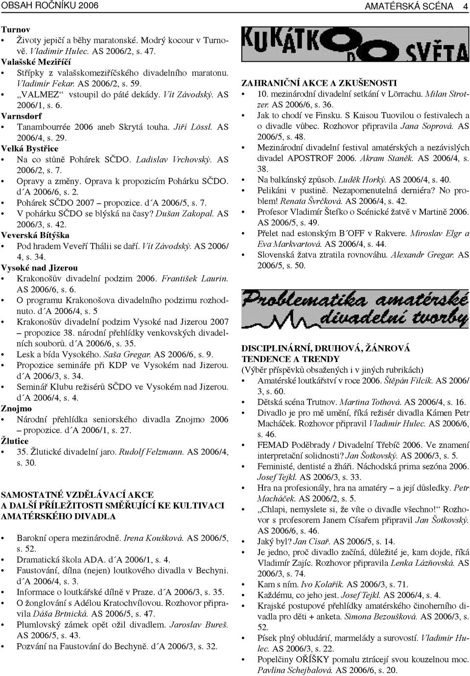 Varnsdorf Tanambourrée 2006 aneb Skrytá touha. Jiří Lössl. AS 2006/4, s. 29. Velká Bystřice Na co stůně Pohárek SČDO. Ladislav Vrchovský. AS 2006/2, s. 7. Opravy a změny.