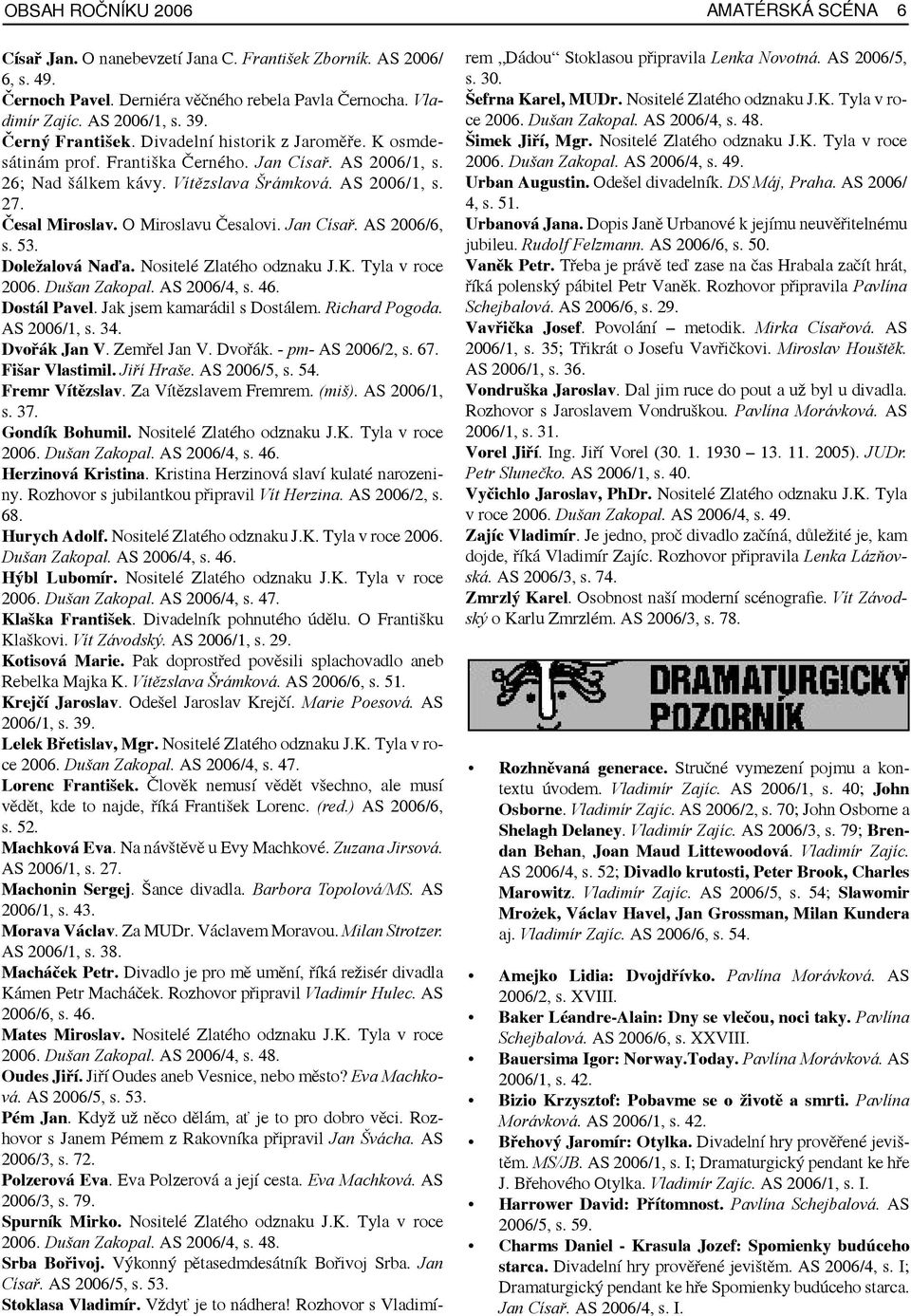 O Miroslavu Česalovi. Jan Císař. AS 2006/6, s. 53. Doležalová Naďa. Nositelé Zlatého odznaku J.K. Tyla v roce 2006. Dušan Zakopal. AS 2006/4, s. 46. Dostál Pavel. Jak jsem kamarádil s Dostálem.